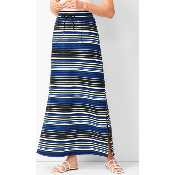 T By Talbots Size MP Striped Maxi Skirt Side Slit Lime Green Black Blue Casual - Picture 1 of 10